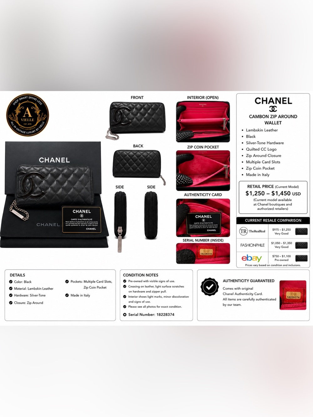 Chanel Cambon Black Quilted Lambskin Zip Wallet Pink Interior
